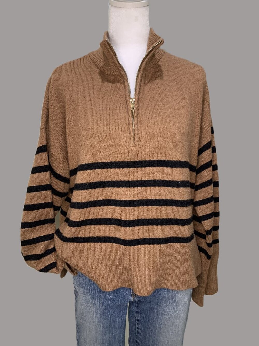 DKNY Striped Half‑Zip Knit Sweater High Collar Brown & Black Women Size M